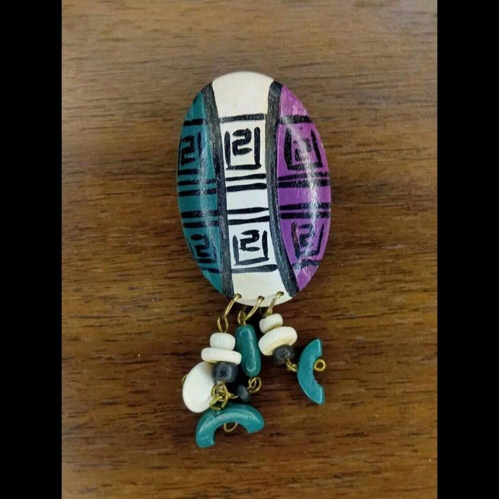 80s Painted Wood Chunky Brooch. Vintage